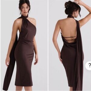 House of CB Angelina Asymmetric Halter Midi Dress‎ size S NWOT